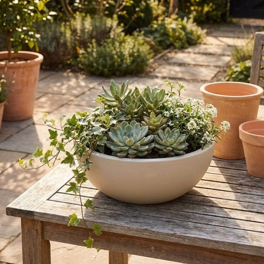 NESTLUNE Round Plastic Flower Pot Planter in Taupe/Beige, Diameter: 40 cm – 2