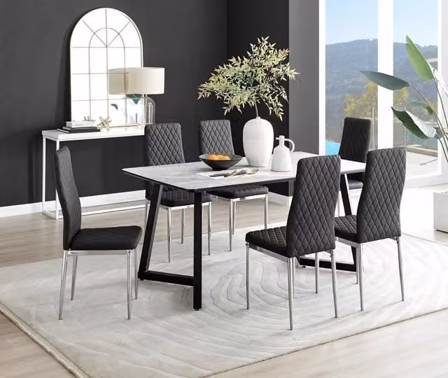 FurnitureboxUK Carson White Marble Effect Dining Table and 6 Black Milan Chrome Leg Chairs