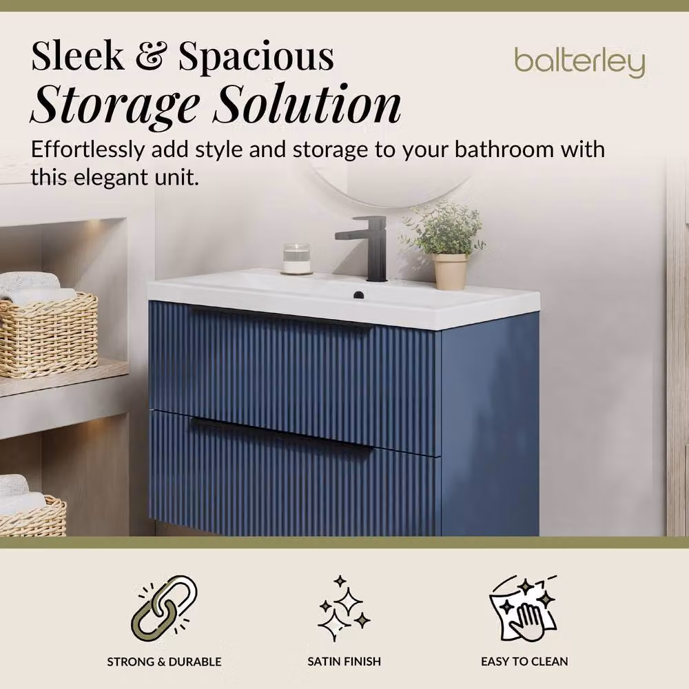 Balterley Fluted Front Wall Hung 2 Drawer Vanity Basin Unit in Satin Blue, W: 80 cm, D: 54 cm – 2