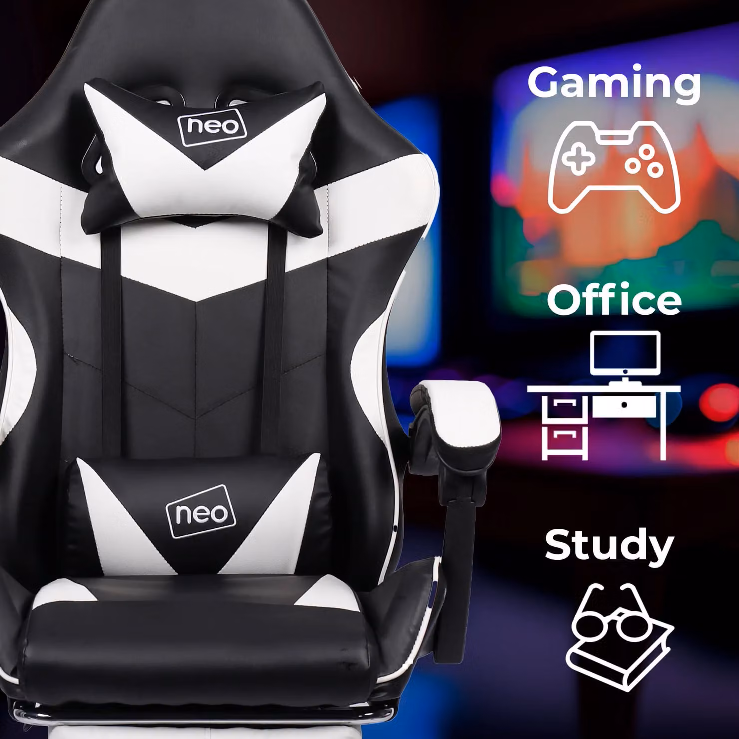 Neo Synthetic Leather Gaming Chair with Footrest and Headrest in White – 3