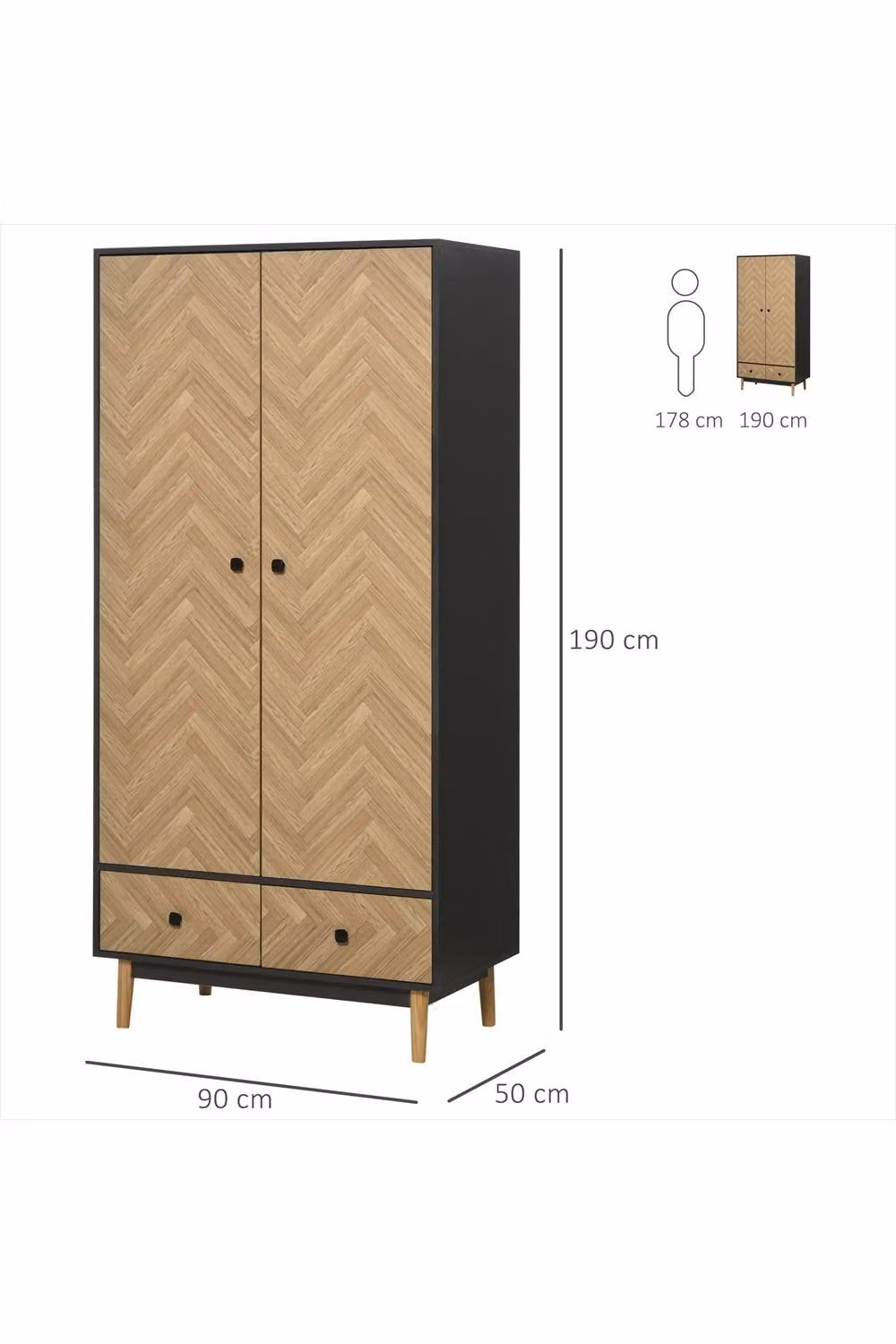 ERGOVEXA Modern Freestanding Wardrobe Cabinet in Brown Wood Grain, H 190 x W 90 x D 50 cm – 2