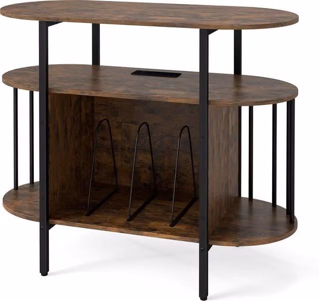 COSTWAY Industrial Large Turntable Record Player Stand with Integrated LED Lights in Brown