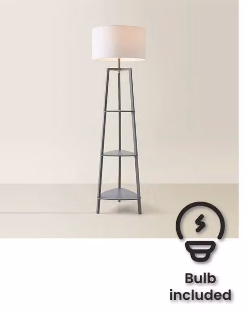 ValueLights Hiru Grey 3 Tier Shelf Floor Lamp with White Fabric Drum Shade and Bulb Included