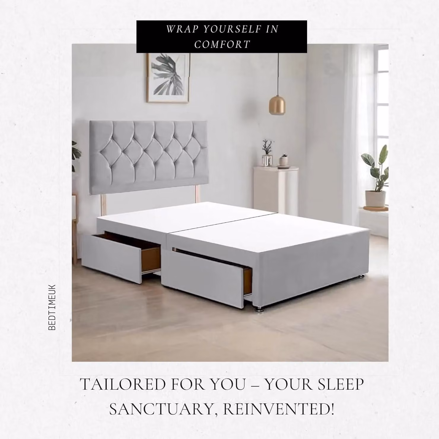 Bed Time UK Ziggy Plush Velvet Divan Bed Frame with 2 Drawers and 20 inch Headboard in Silver, Super King, W/D/H: 200 x 200 cm – 2
