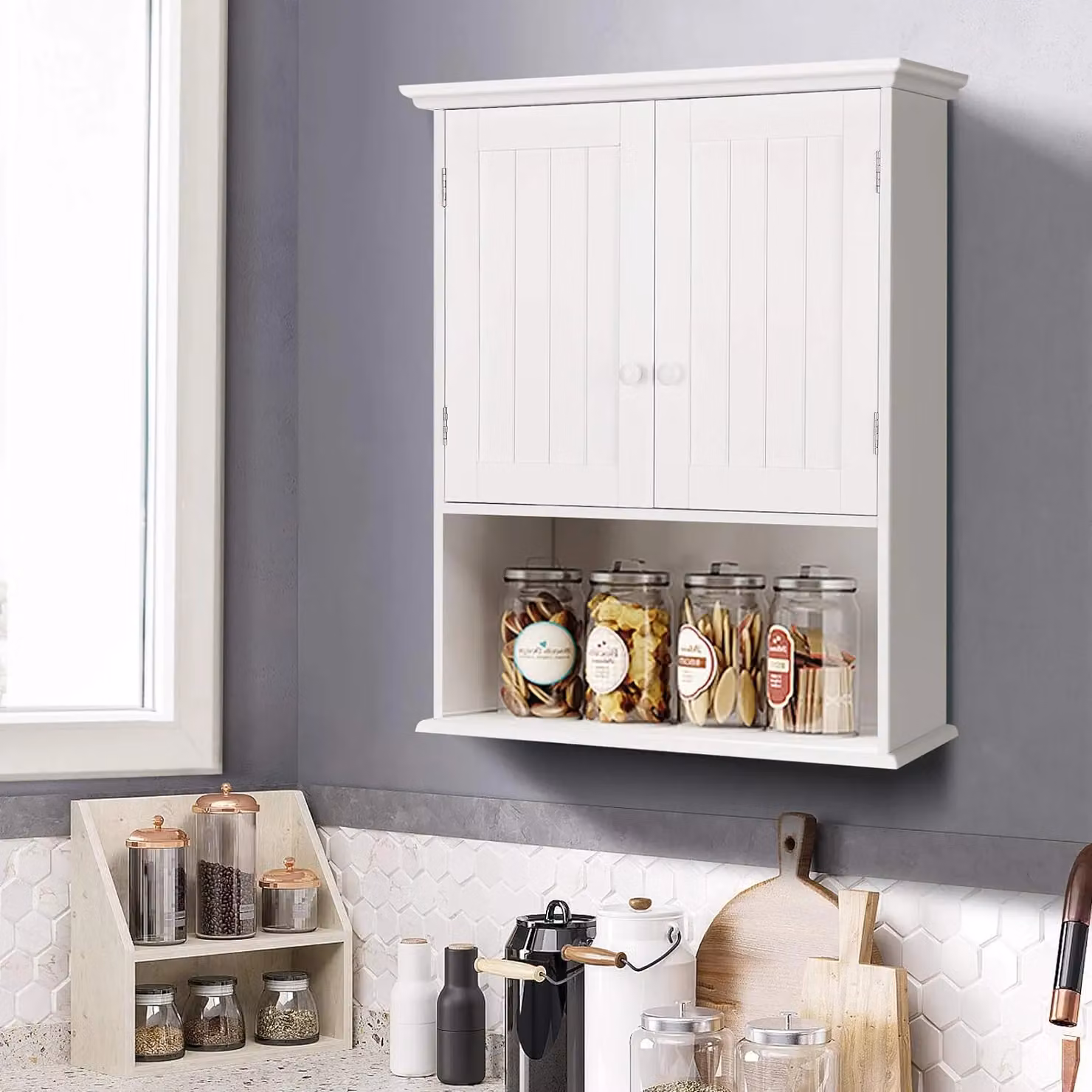 Costway White Wall Mounted Bathroom Storage Cabinet with Adjustable Internal Shelves and Hinged Doors – 3