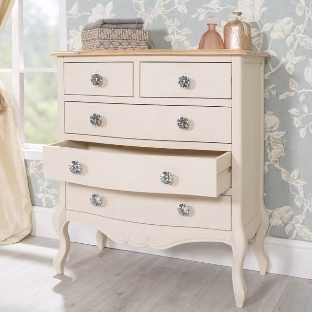 Juliette 5 Drawer Chest in Champagne with Diamond Shape Crystal Handles