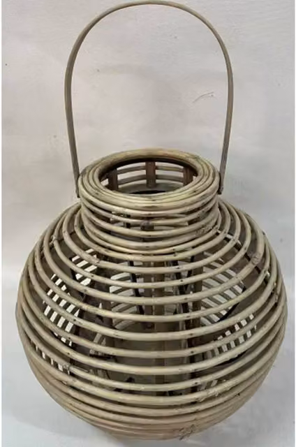 Lemon Pavilion Furniture and Decor Large Round Willow Lantern with Glass Holder in Beige, W: 36 cm, D: 36 cm, H: 35 cm