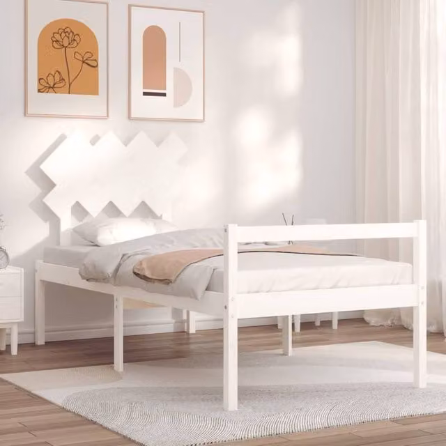 Berkfield Home Single Solid Pine Wood Bed Frame with Headboard in White – 1