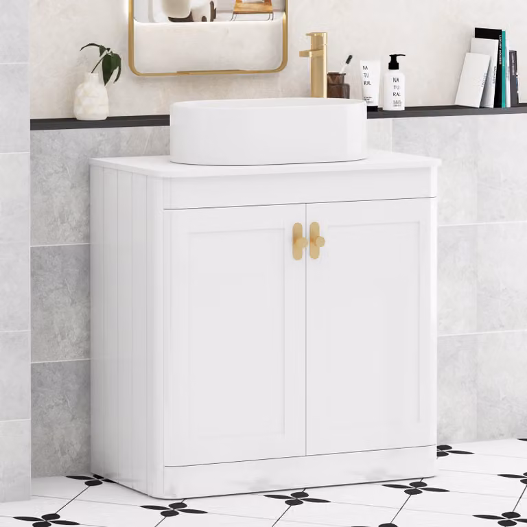 Royal Bathrooms Henley 800mm Gloss White Floor Standing 2 Door Vanity Unit with Plain White Worktop, Peak Basin and Brushed Brass Knob