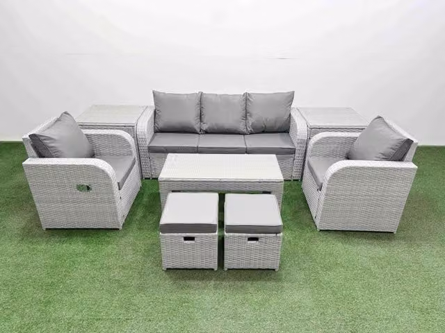 Fimous PE Rattan Garden Furniture Set in Light Grey with Upholstered Cushions, 3-Seater Sofa, Lounge Armchairs, Coffee Table and Ottoman