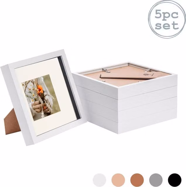 Nicola Spring Pack of 5 Single Square 3D Box Photo Frames in White and Yellow, W/H: 20.32 x 20.32 cm