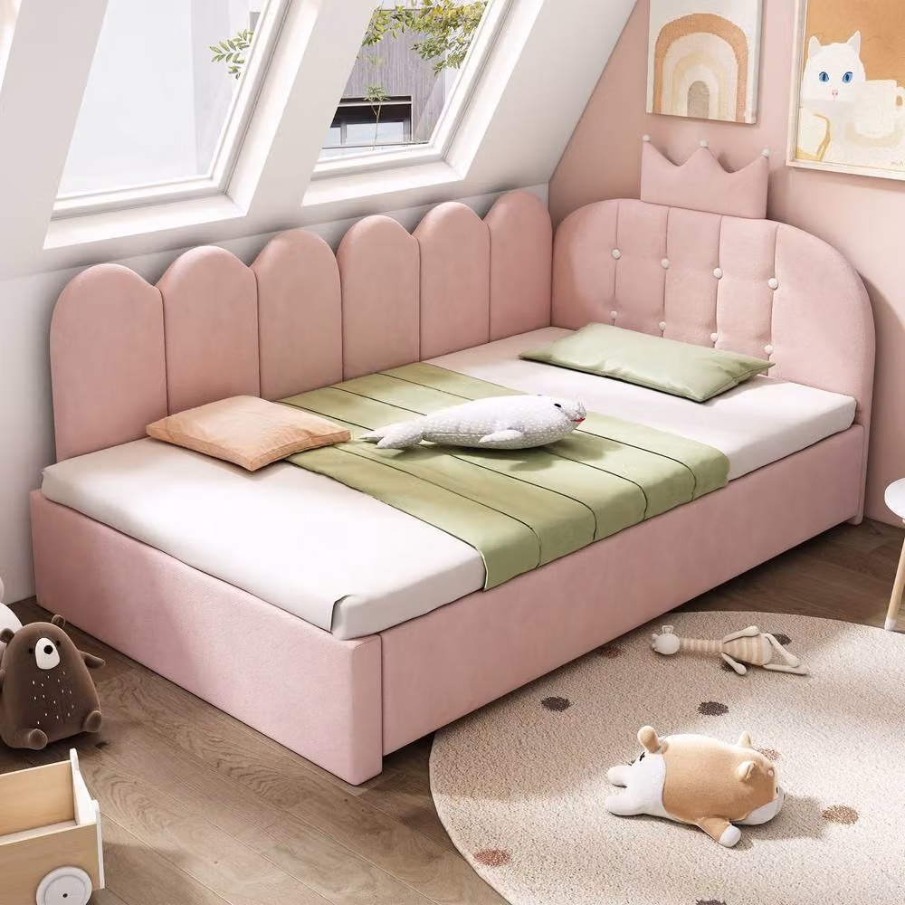 Merax Crown Upholstered Velvet Daybed with Pull Out Trundle Bed in Pink, W/D/H: 90 x 190 x 130 cm – 6