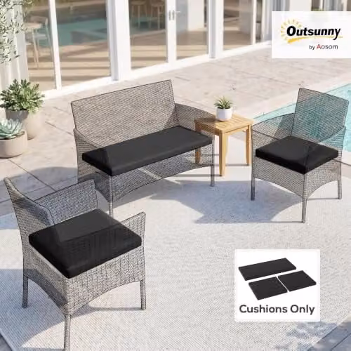 Outsunny Set of 3 Black Rectangular Rattan Garden Seat Cushion Pads with Removable Washable Polyester Covers – 2