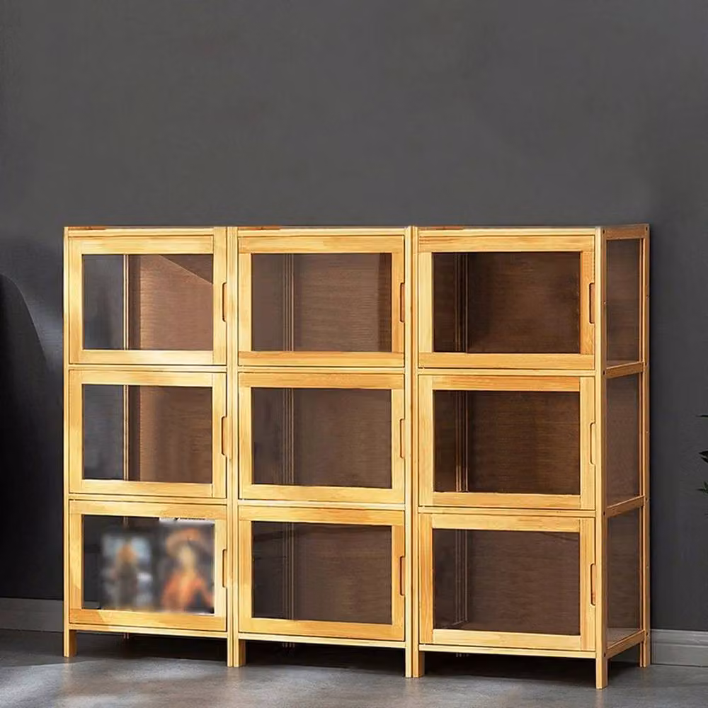 KORVIXA 3-Tier Bamboo Display Cabinet in Brown with Glass Doors and Internal Shelves, W/D/H: 100 x 100 x 100 cm – 4