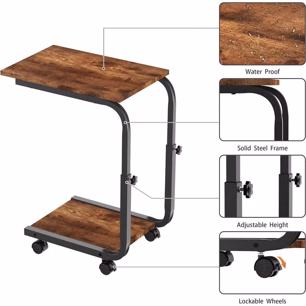 FORGEVIO Height Adjustable Industrial Side Table with Castors in Brown – 5