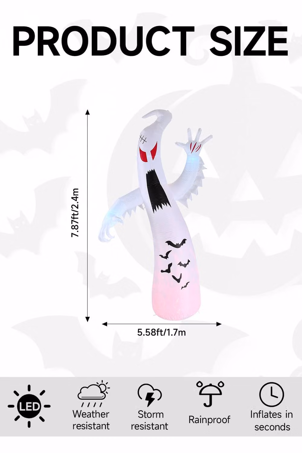 Garden Sanctuary Halloween Inflatable Spooky Ghost with LED Lights, White and Multicolour, Height: 243.84 cm – 2