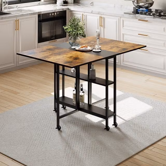 Komore Brown and Black Foldable Rectangular Wood-Effect Dining Table with Storage Shelves and Castors
