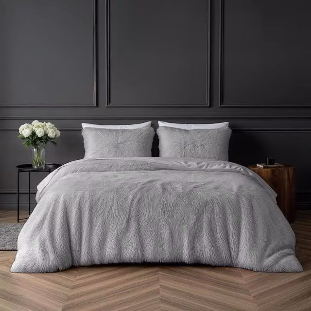 Smart Living Luxury Long Pile Faux Fur Duvet Cover and Pillowcases, Silver, W: 200 cm x D: 200 cm