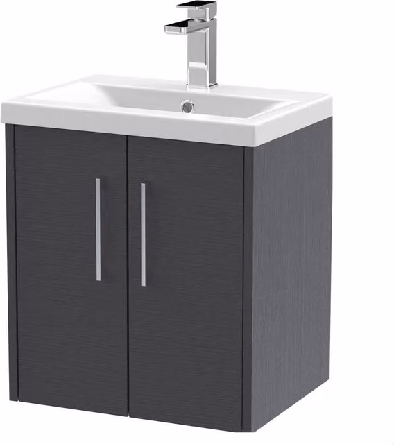 Balterley Winshill 2 Door Wall Mounted Vanity Basin Unit, Grey Woodgrain, Width: 50 cm