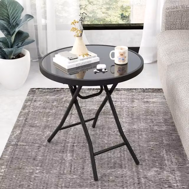 Marco Paul Black Circular Folding Garden Side Table with Metal and Glass Top, Diameter: 45 cm – 1