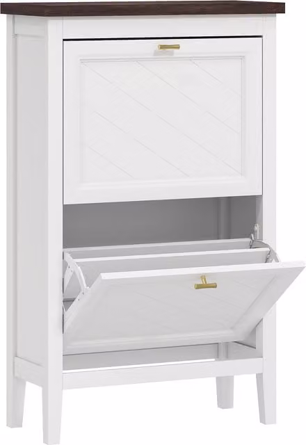 HOMCOM White and Gold Farmhouse Shoe Cabinet with 2 Tilting Compartments and Internal Shelves