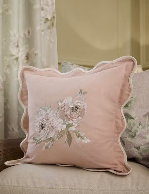 Sanderson Adele Floral Embroidered Pure Cotton Square Cushion in Pink Mix