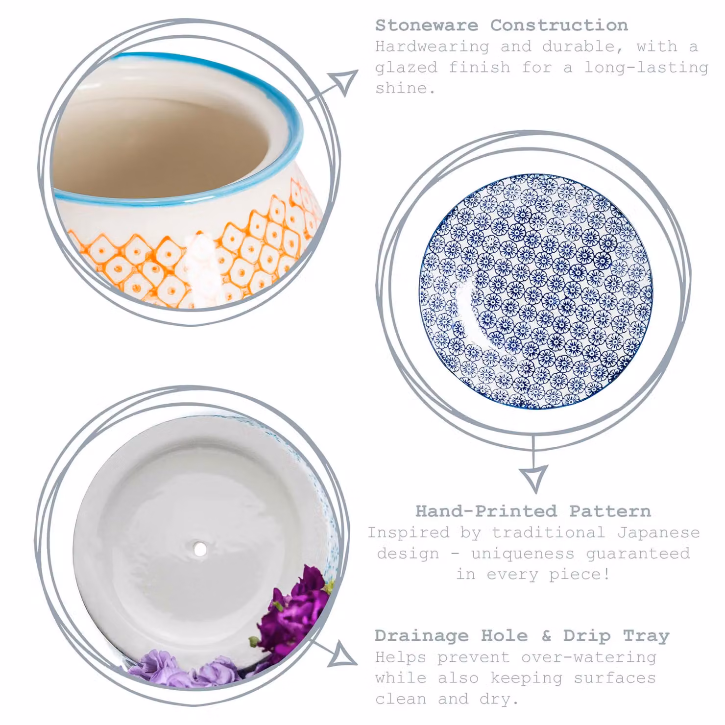 Nicola Spring Hand-Printed Ceramic Plant Pots with Saucers, Blue, Pack of 3, Diameter: 20.5 cm – 3
