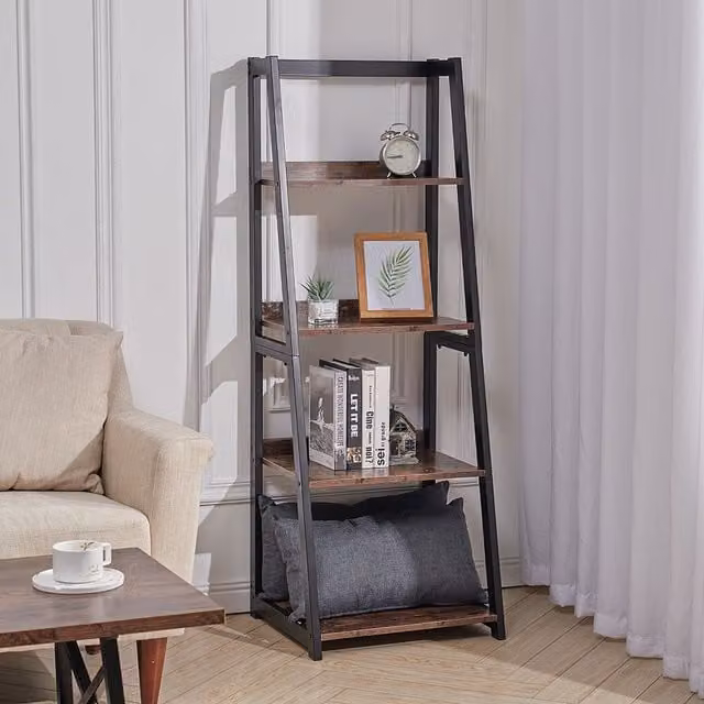 Livingandhome 4-Tier Industrial Trapezoidal Metal and Wood Display Bookshelf in Brown and Black