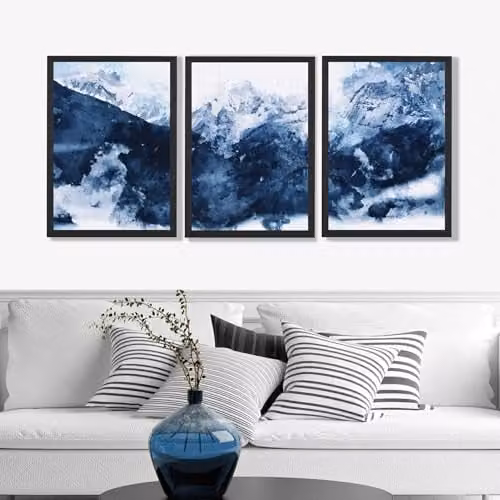 ARTZE Set of 3 Abstract Navy Blue Landscape Wall Art Paper Posters in Black Frames, W: 45 cm, H: 62 cm, D: 2 cm