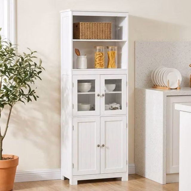 STILVORA Modern Tall Kitchen Storage Cabinet with Glass Doors and Internal Shelves in White and Silver, H: 162 cm, W: 60 cm, D: 30 cm – 1