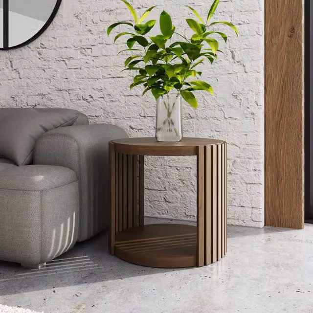 GFW Zadie Round Wood Side Table in Brown Walnut