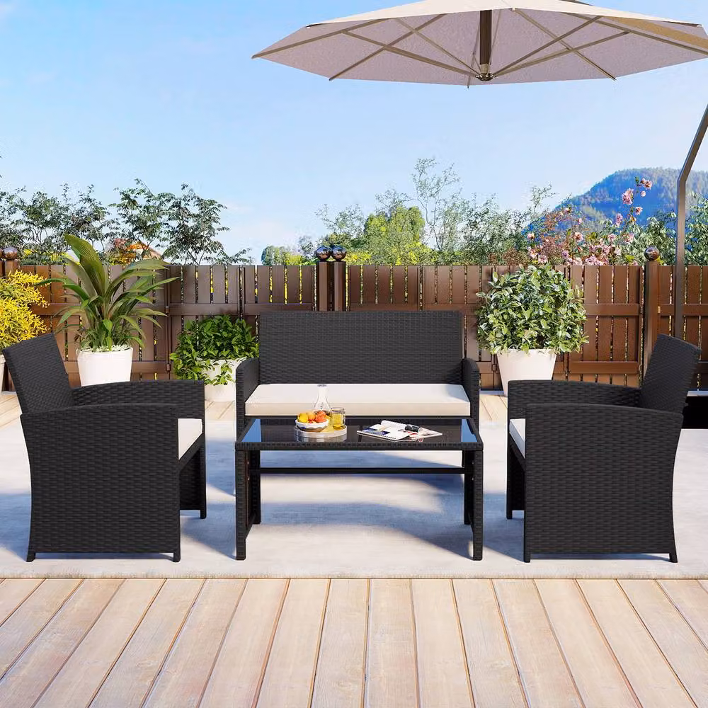 Costway 4-Piece Polyrattan Patio Conversation Set with Upholstered Cushions and Metal Frame in Multicolour – 9
