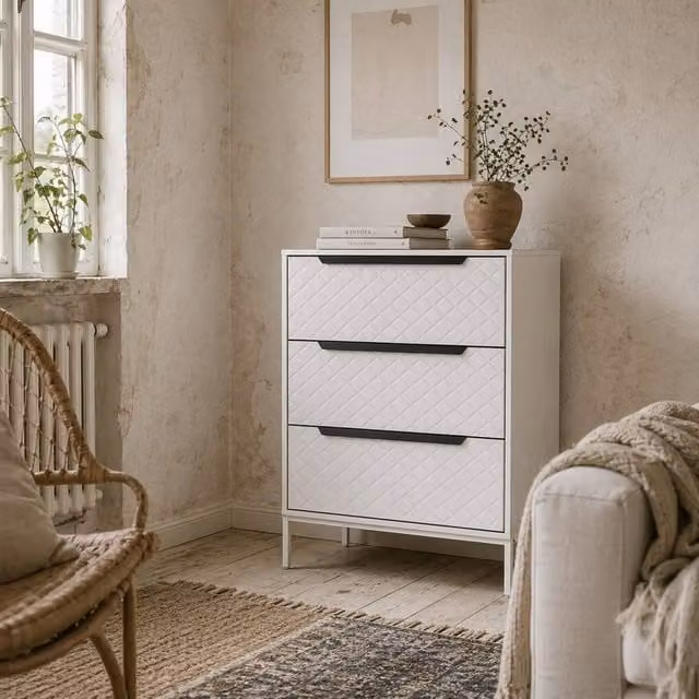 Wyld Haus Kakara White 3 Drawer Fabric Storage Dresser – 1