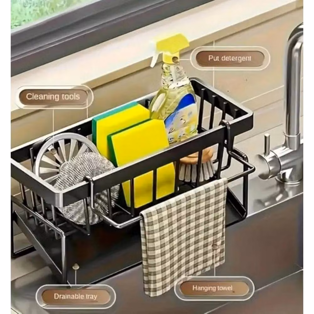 SPETLEK Kitchen Sink Caddy with Towel Rail and Sponge Holder in Grey – 5