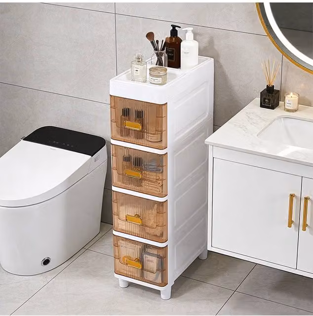 Living and Home Plastic Narrow Storage Cabinet Drawer Organiser with Wheels in Cool White, Large