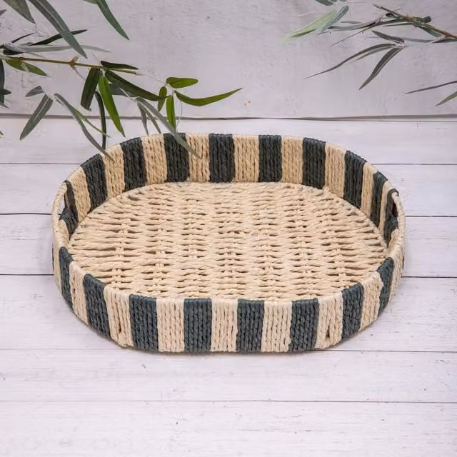 Annibells Green Striped Round Rattan Woven Serving Tray, Diameter: 35 cm