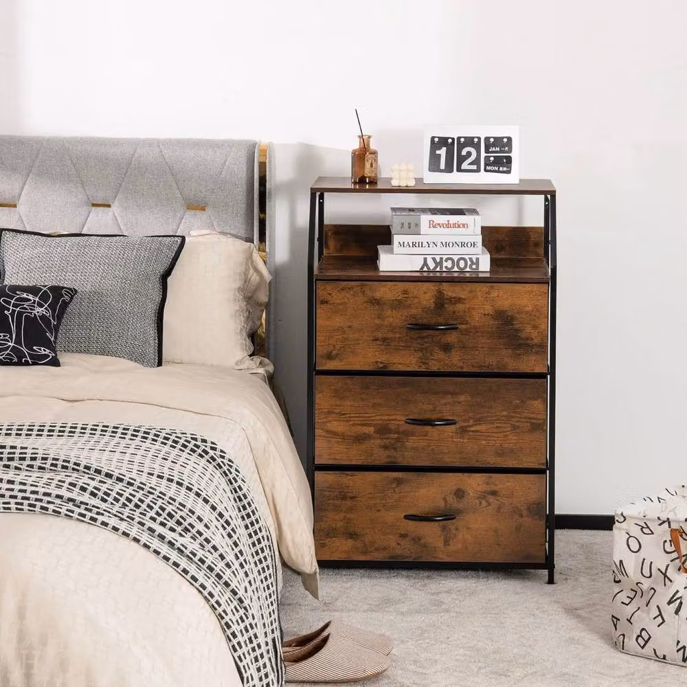 VOGREX Industrial 3 Drawer Dresser Storage Cabinet with Shelf in Brown and Beech – 5