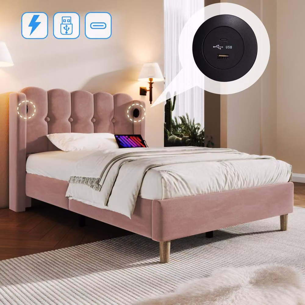 ModernLuxe Upholstered Velvet Bed in Pink with USB Charging Port and Wooden Slatted Frame, W: 140 cm, L: 200 cm – 4