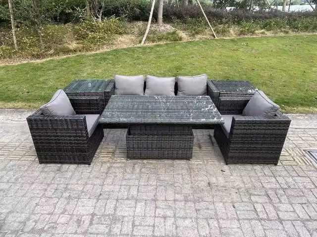 Fimous Rattan Garden Furniture Set with 2 Armchairs and Adjustable Rising Lifting Dining Table in Dark Grey