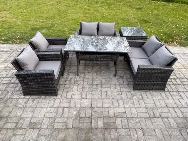 Fimous 6 Seater Rattan Garden Furniture Set with Oblong Dining Table and Side Table in Dark Grey