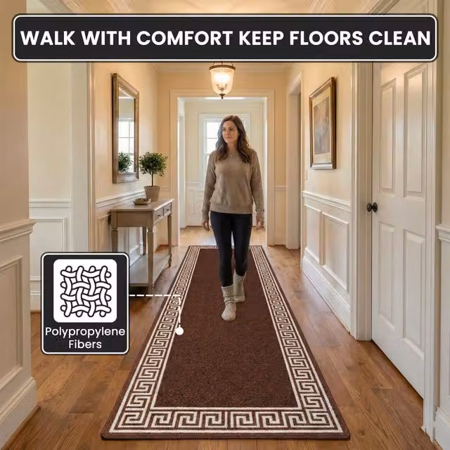 Smart Living Greekey Heavy Duty Non Slip Machine Washable Hallway and Kitchen Door Mat, Dark Brown, W: 80 cm, L: 300 cm – 1