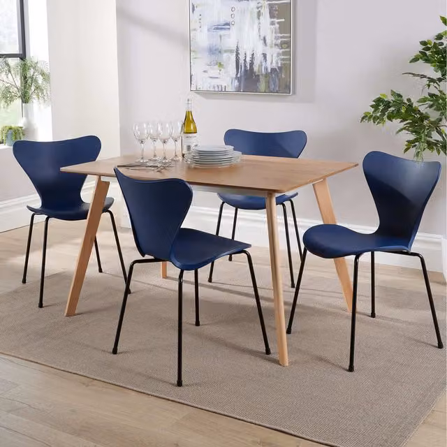 Home Source Rayna Dining Set with Rectangular Table and 4 Penny Chairs in Blue, White and Grey