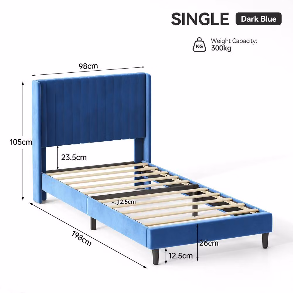 MCC Direct Charlie Velvet Upholstered Single Bed Frame with Channel Headboard in Blue, 90 x 200 cm – 5