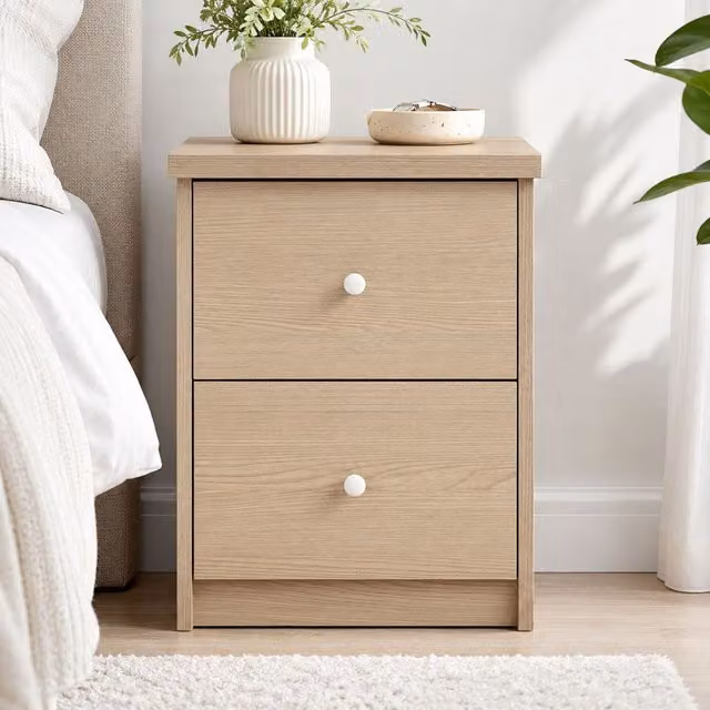 Freya Smoked Oak Effect 2 Drawer Bedside Cabinet in Brown and Beige