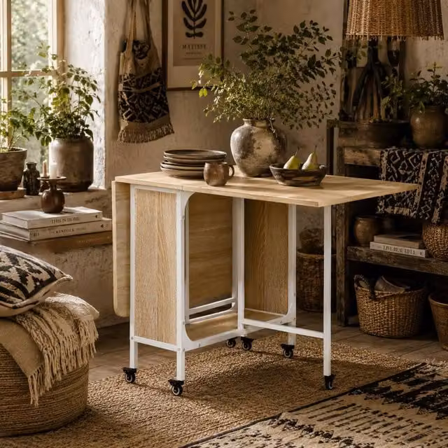 Wyld Haus Suni Reta Modern Drop Leaf Dining Table in Natural Wood and White, Seats 6, W/D/H: 80 x 80 x 74 cm