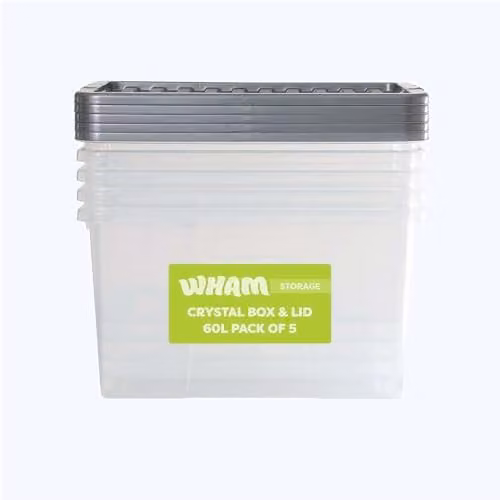 Wham Crystal 60L Stackable Plastic Storage Boxes with Silver Lids, Pack of 5, Transparent