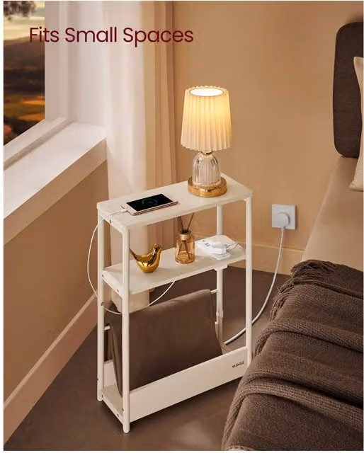 VASAGLE Slim Side Table with Charging Station, White