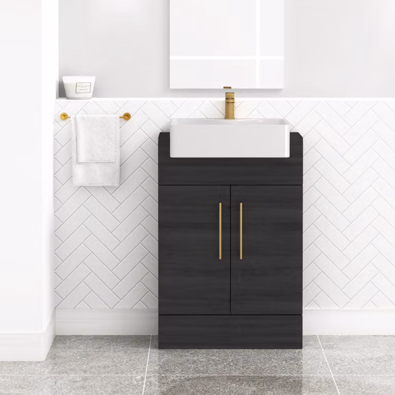 Royal Bathrooms Elena 600mm Hale Black Floor Standing Bathroom Vanity Unit with 2 Doors, Brushed Brass Handles and Semi Recessed Basin
