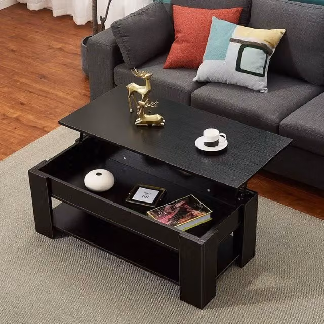 EONLION Black Wooden Lift-Top Coffee Table with Storage Ottoman Functionality – 1