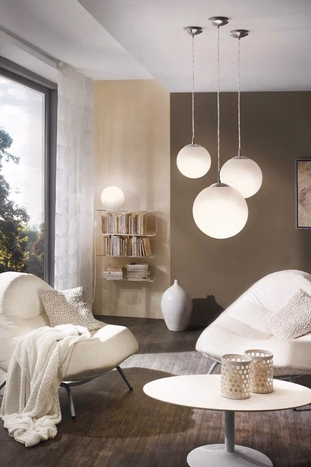 Eglo Rondo Scandinavian Glass and Metal Sphere Pendant Light in White and Silver, Diameter: 25 cm – 3
